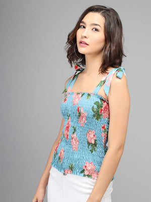 Casual Shoulder Straps Floral Print Women Light Blue Top