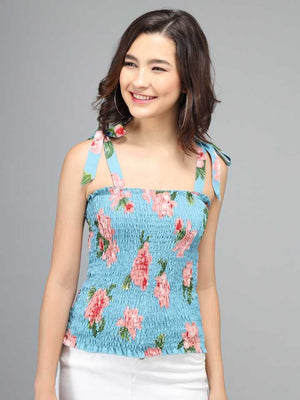 Casual Shoulder Straps Floral Print Women Light Blue Top