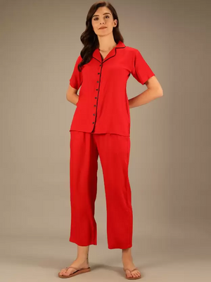 TANDUL  Women Solid Red Shirt & Pyjama set