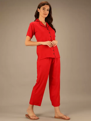 TANDUL  Women Solid Red Shirt & Pyjama set