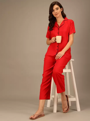 TANDUL  Women Solid Red Shirt & Pyjama set