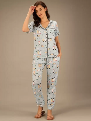 TANDUL  Women Printed Light Blue Shirt & Pyjama set