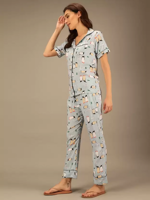TANDUL  Women Printed Light Blue Shirt & Pyjama set