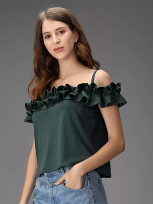 TANDUL  Casual Shoulder Straps Solid Women Green Top