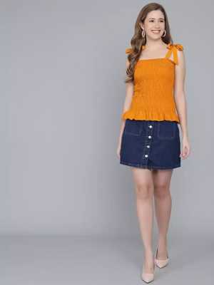 TANDUL  Casual Noodle Straps Solid Women Yellow Top