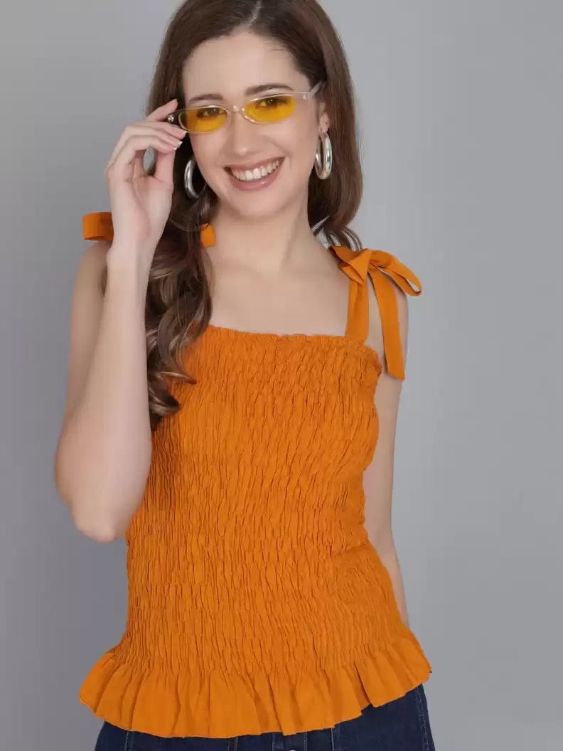 TANDUL  Casual Noodle Straps Solid Women Yellow Top