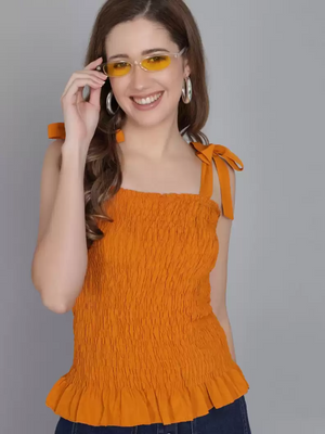 TANDUL  Casual Noodle Straps Solid Women Yellow Top