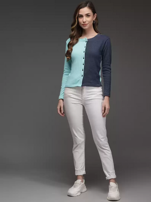 TANDUL  Casual Regular Sleeves Color Block Women Dark Blue, Light Blue Top