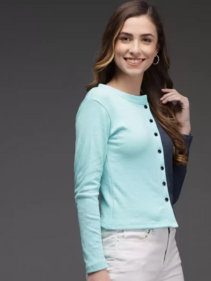 TANDUL  Casual Regular Sleeves Color Block Women Dark Blue, Light Blue Top