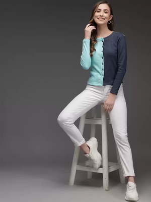 TANDUL  Casual Regular Sleeves Color Block Women Dark Blue, Light Blue Top