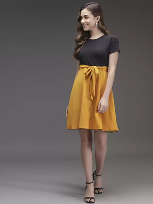 TANDUL  Women A-line Black, Yellow Dress