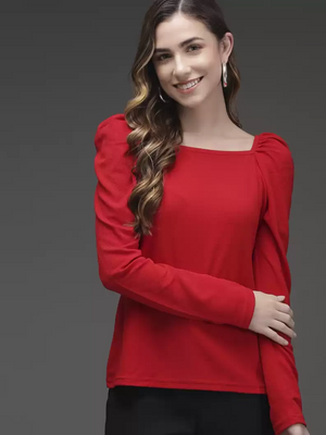 TANDUL  Casual Puff Sleeves Solid Women Red Top