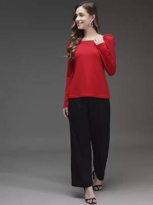TANDUL  Casual Puff Sleeves Solid Women Red Top