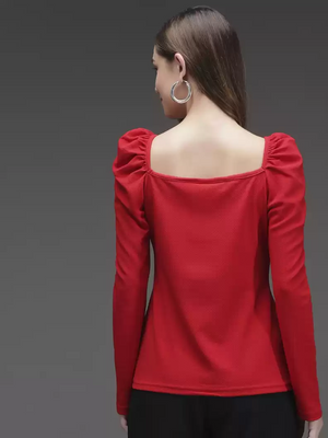 TANDUL  Casual Puff Sleeves Solid Women Red Top