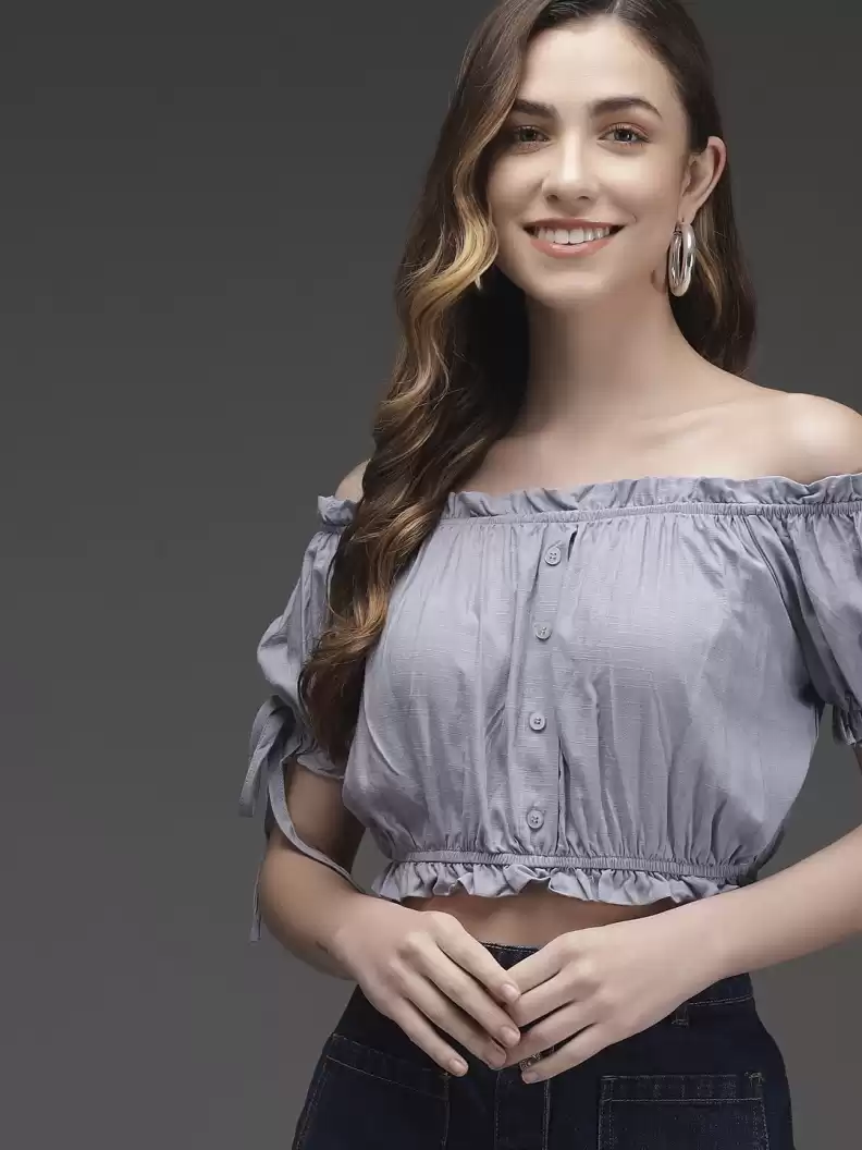 TANDUL  Casual Cold Shoulder Sleeves Solid Women Grey Top