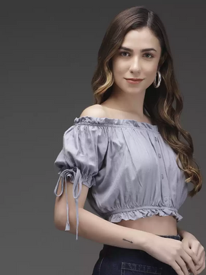 TANDUL  Casual Cold Shoulder Sleeves Solid Women Grey Top