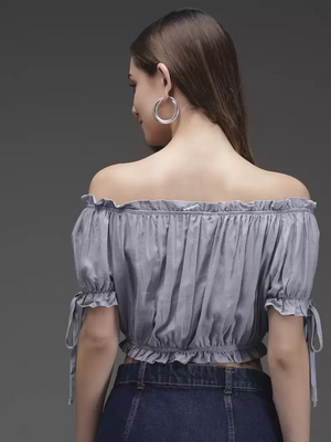 TANDUL  Casual Cold Shoulder Sleeves Solid Women Grey Top