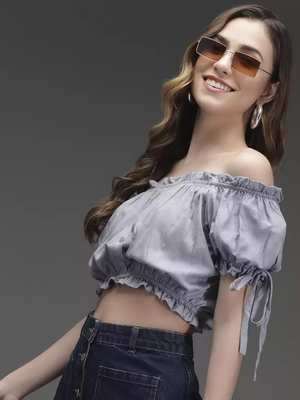 TANDUL  Casual Cold Shoulder Sleeves Solid Women Grey Top