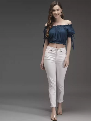 TANDUL  Casual Cold Shoulder Sleeves Solid Women Blue Top