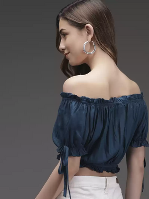 TANDUL  Casual Cold Shoulder Sleeves Solid Women Blue Top
