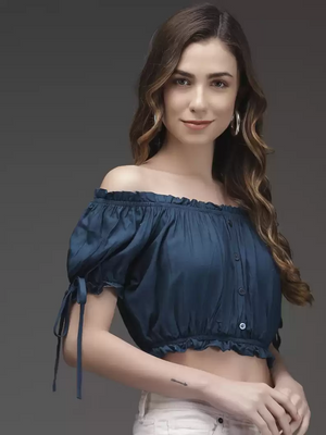 TANDUL  Casual Cold Shoulder Sleeves Solid Women Blue Top