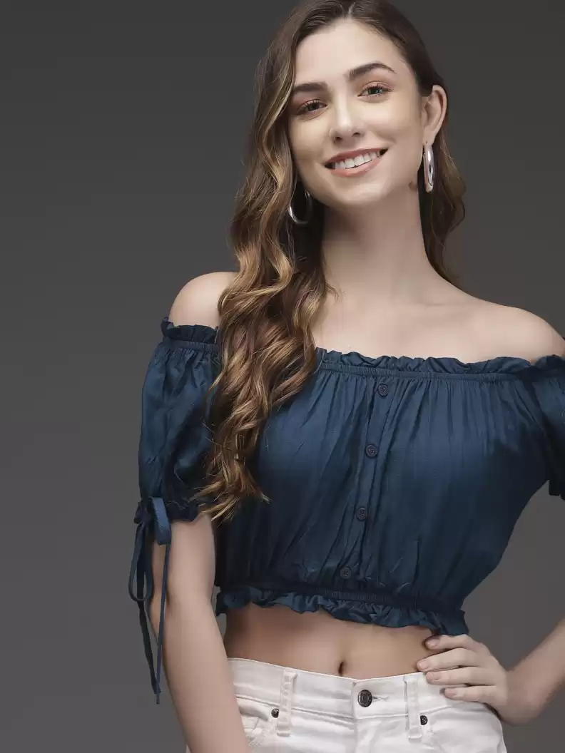 TANDUL  Casual Cold Shoulder Sleeves Solid Women Blue Top