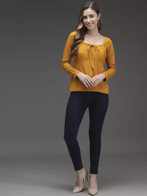 TANDUL  Casual Regular Sleeves Solid Women Yellow Top