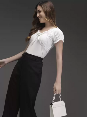 TANDUL  Casual Balloon Sleeve Solid Women White Top