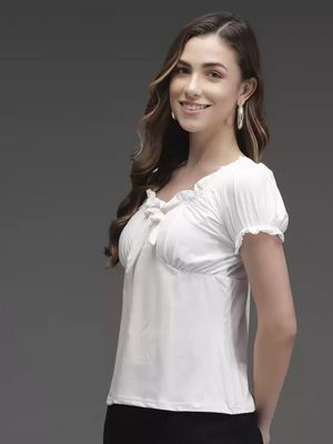 TANDUL  Casual Balloon Sleeve Solid Women White Top
