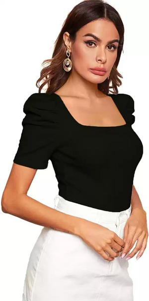 TANDUL  Casual Puff Sleeves Solid Women Black Top