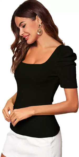 TANDUL  Casual Puff Sleeves Solid Women Black Top