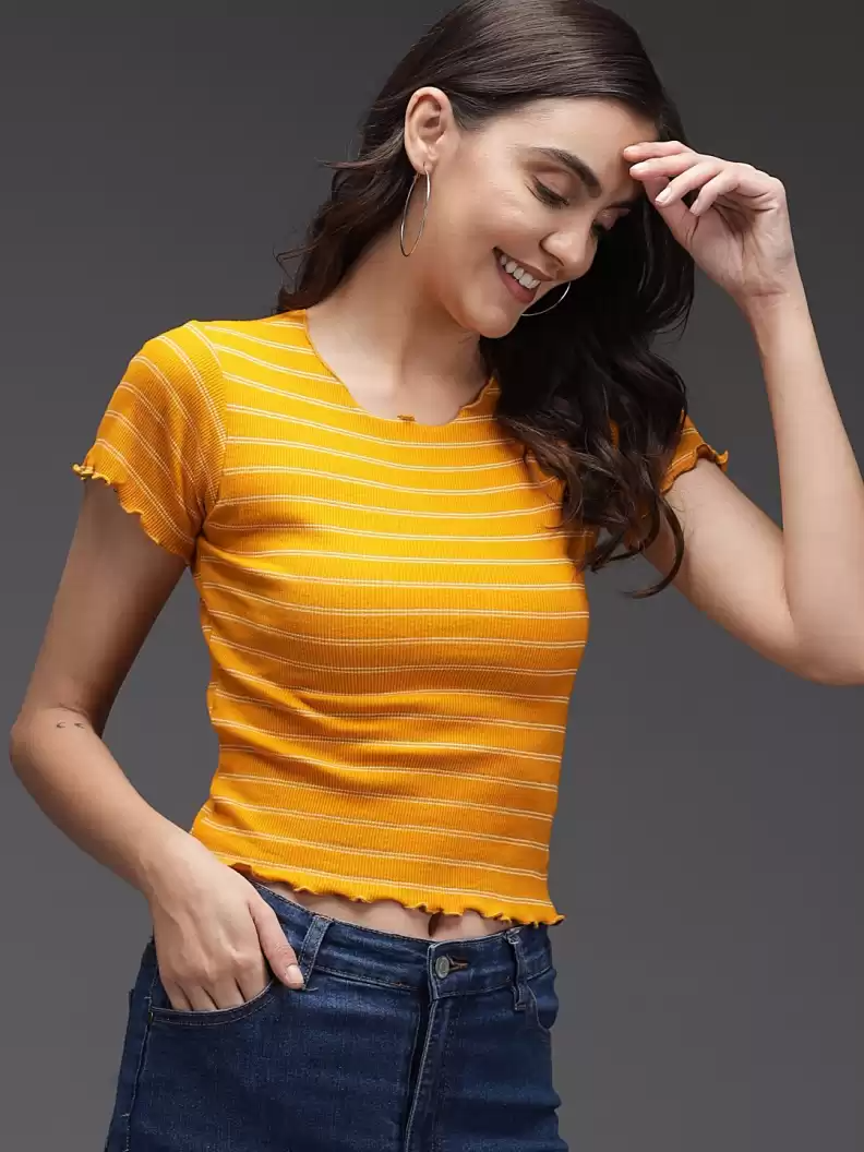 TANDUL  Casual Regular Sleeves Striped Women Yellow Top