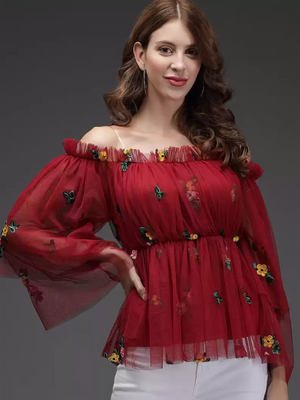 TANDUL  Casual Regular Sleeves Self Design Women Maroon Top