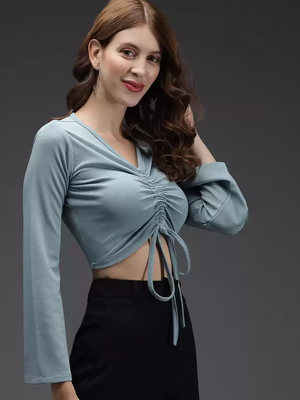 TANDUL  Casual Bell Sleeves Solid Women Green Top