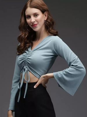TANDUL  Casual Bell Sleeves Solid Women Green Top