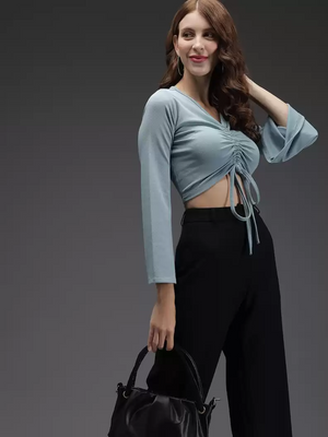 TANDUL  Casual Bell Sleeves Solid Women Green Top