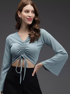 TANDUL  Casual Bell Sleeves Solid Women Green Top
