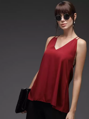 TANDUL  Casual Sleeveless Solid Women Maroon Top