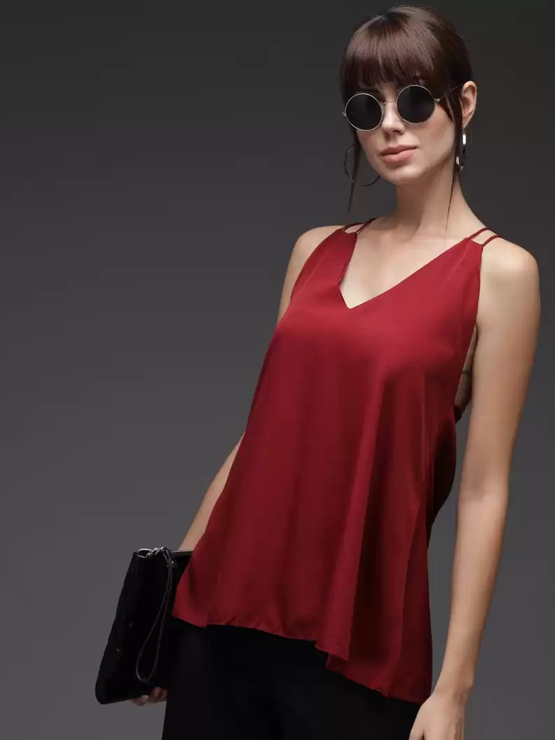 TANDUL  Casual Sleeveless Solid Women Maroon Top