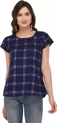 Casual Checkered Women Blue Top