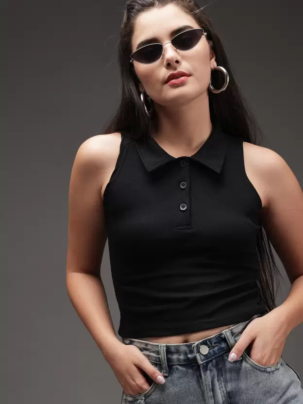 TANDUL  Casual Sleeveless Solid Women Black Top