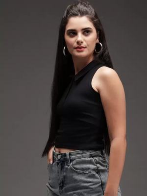 TANDUL  Casual Sleeveless Solid Women Black Top