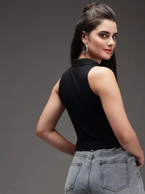 TANDUL  Casual Sleeveless Solid Women Black Top