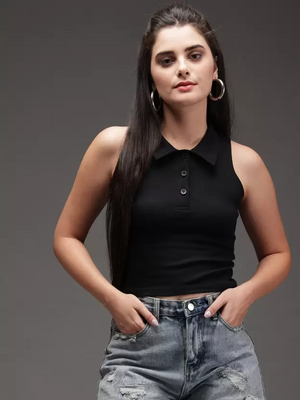 TANDUL  Casual Sleeveless Solid Women Black Top
