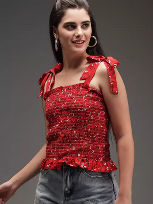 TANDUL  Casual Sleeveless Printed Women Red Top