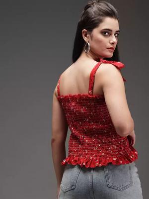 TANDUL  Casual Sleeveless Printed Women Red Top
