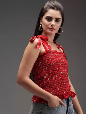 TANDUL  Casual Sleeveless Printed Women Red Top
