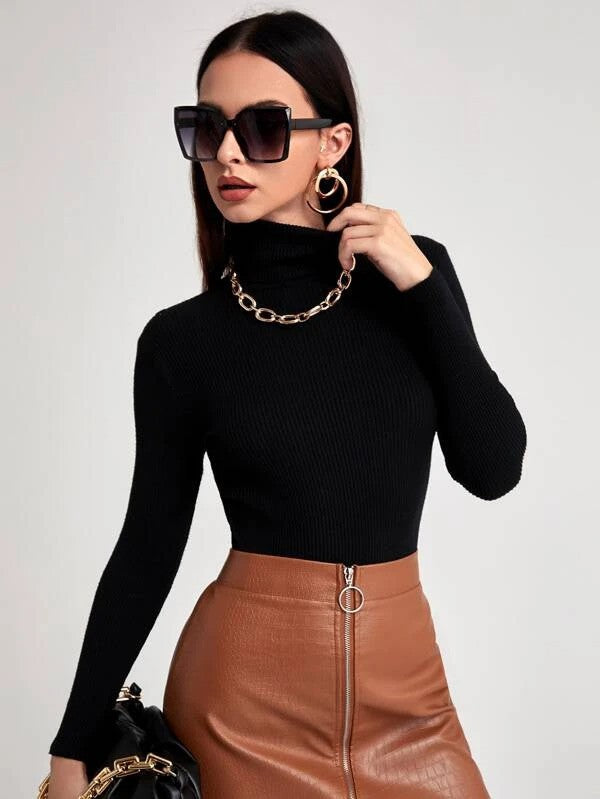 Women Solid Turtle Neck Black Sweater