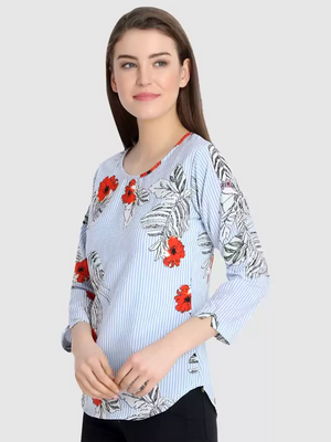 TANDUL  Casual Regular Sleeves Printed Women Light Blue Top