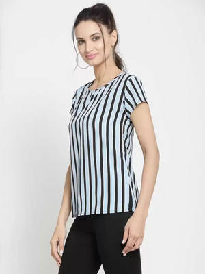 TANDUL  Casual Regular Sleeves Striped Women Light Blue, Black Top